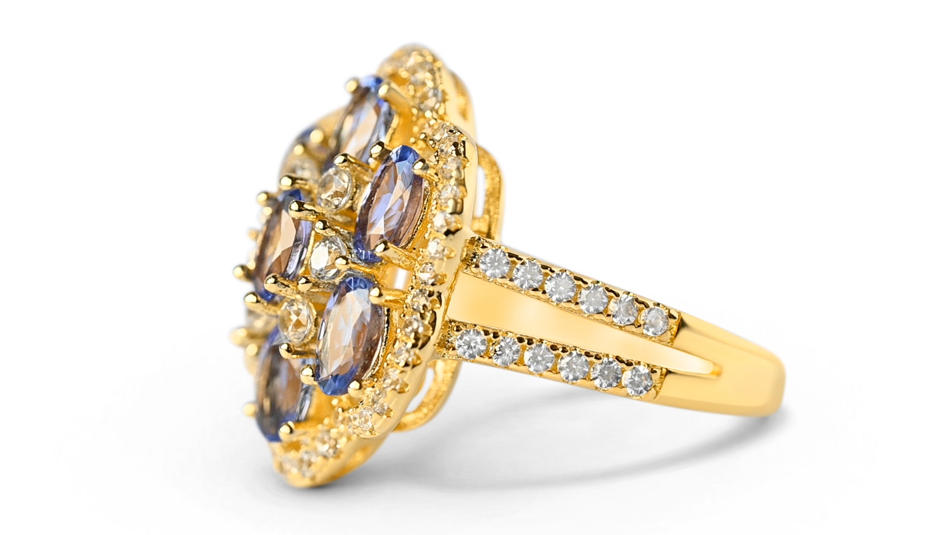 7 Stone 1.61ct Oval Tanzanite Ring | 925 Sterling Silver | 18K Yellow Gold Plated (GTL19690R)